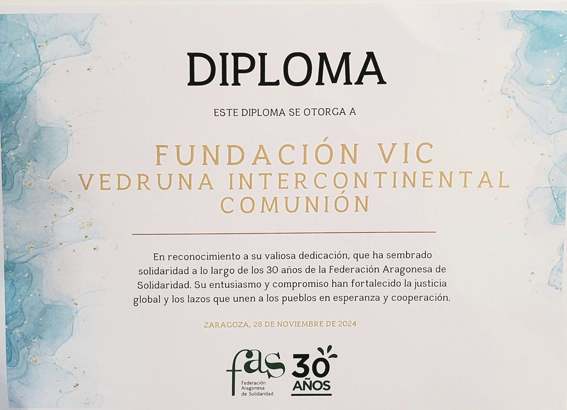 La Fundación VIC recibe el reconocimiento de la Federación Aragonesa de Solidaridad